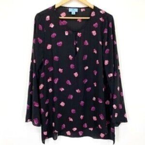 Cece Women's Sheer Black Floral Pansy Tunic Blouse Top